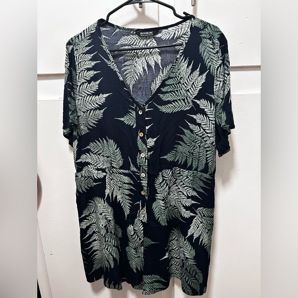 Blue and Green Fern Print Button-Up Romper